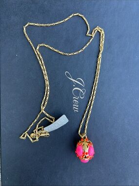 NWT J. Crew Faberge Egg Gold Chain Necklace with Hot Pink Pendant